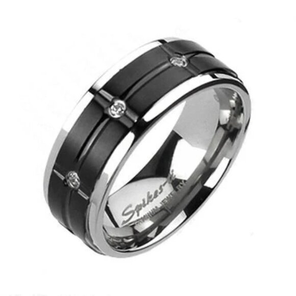 Two-Tone Mirror Polished Titanium Ring with Cross Grooved Black Band and CZ